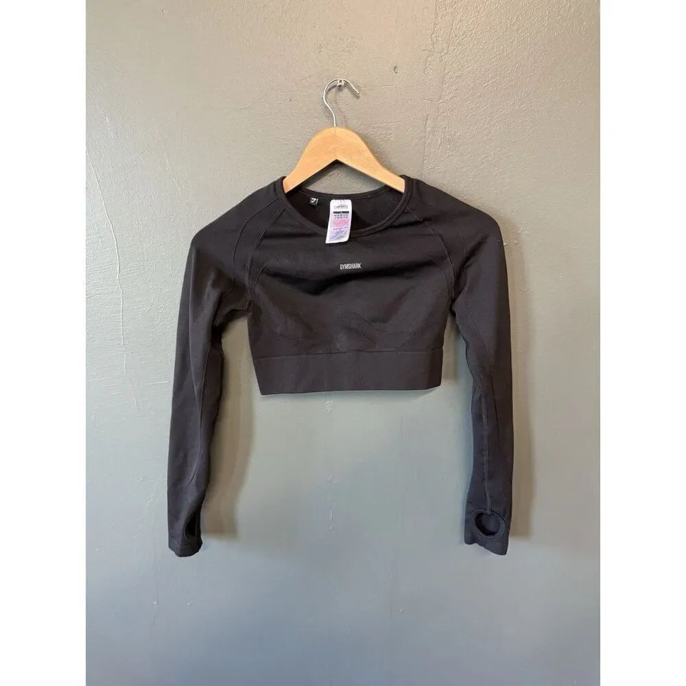 Gymshark Womens Black Cropped Long Sleeve Athletic Shirt Size Small